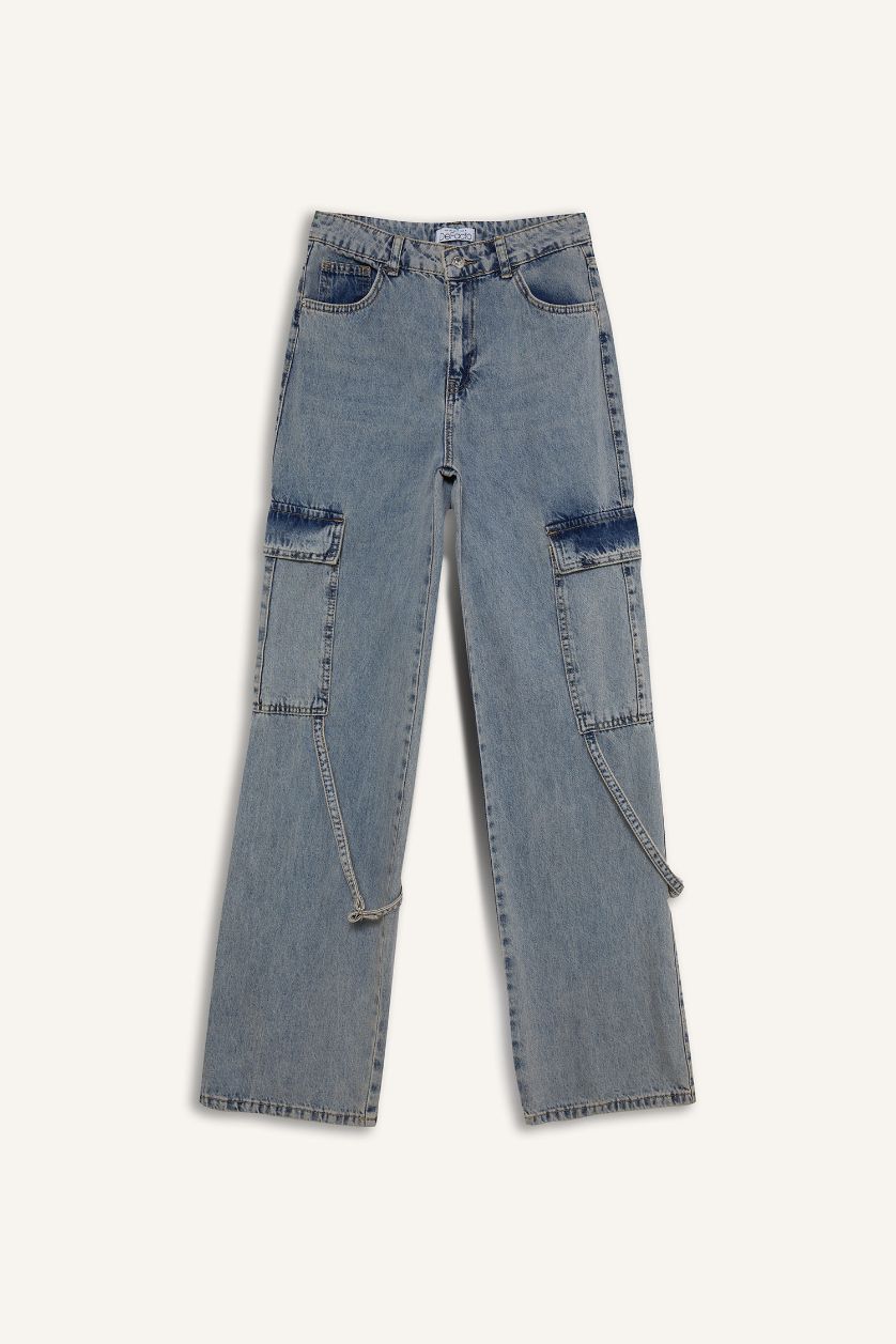 Kadın Açık Mavi Wide Leg Kargo Yüksek Bel Uzun Jean Yıkamalı Pantolon