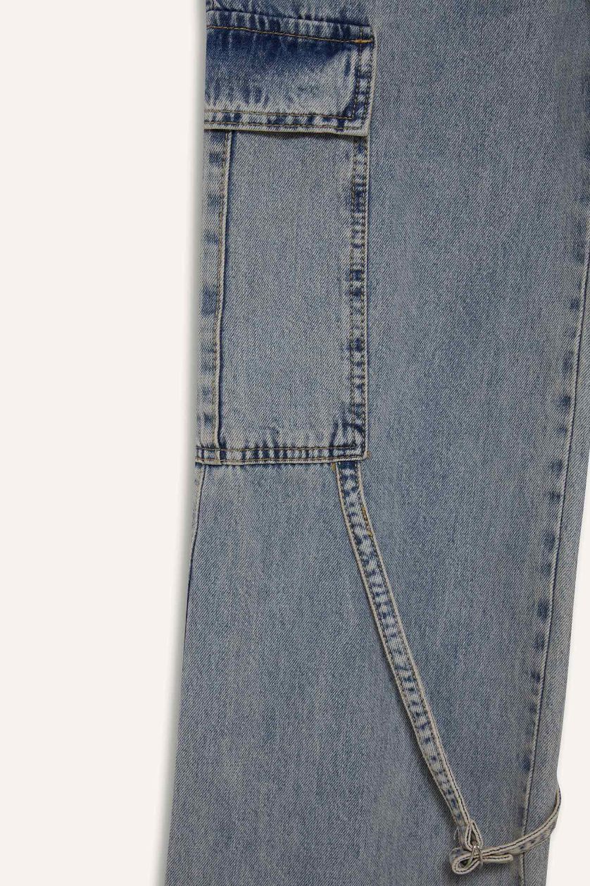 Kadın Açık Mavi Wide Leg Kargo Yüksek Bel Uzun Jean Yıkamalı Pantolon