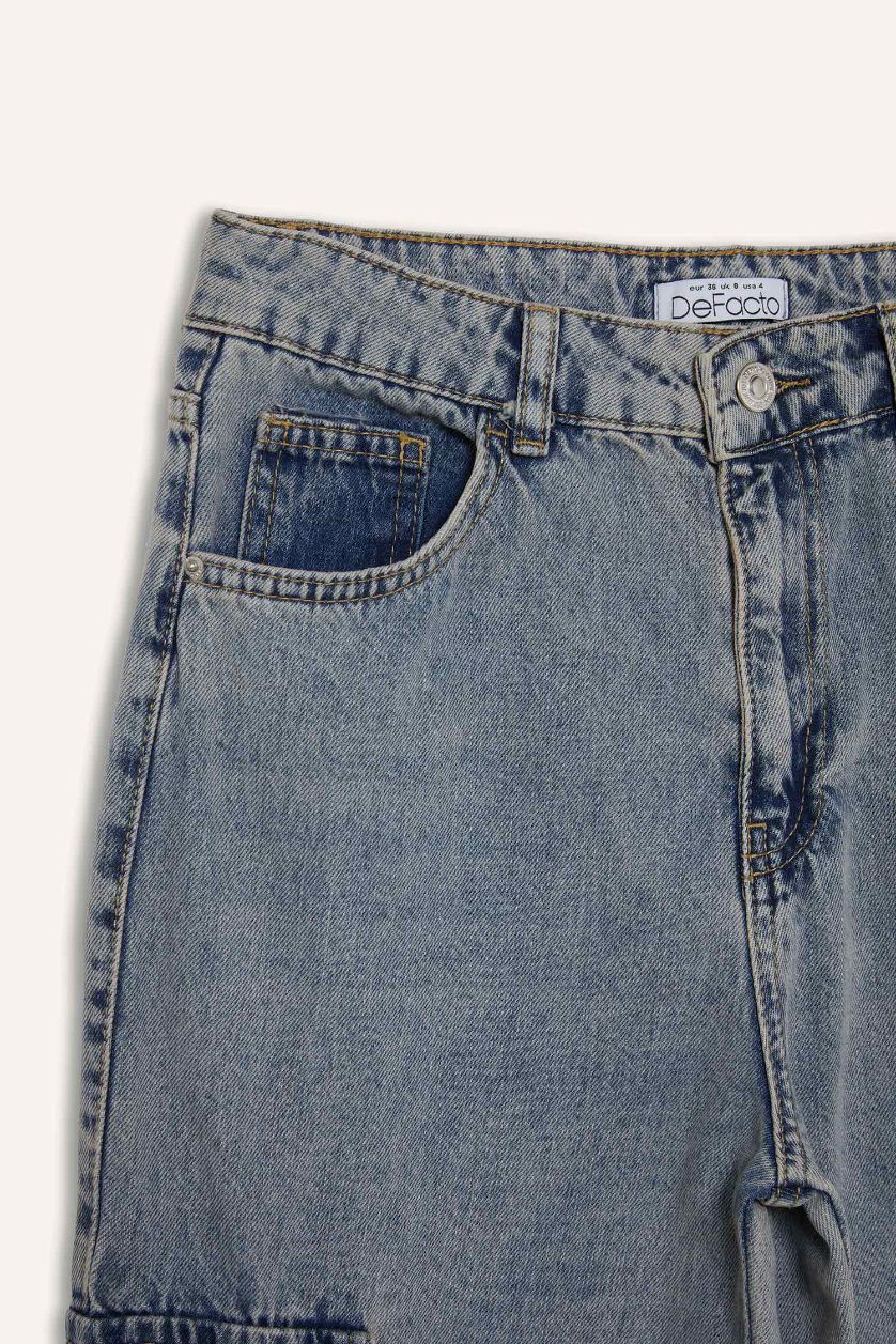 Kadın Açık Mavi Wide Leg Kargo Yüksek Bel Uzun Jean Yıkamalı Pantolon