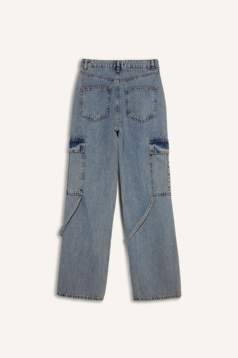 Kadın Açık Mavi Wide Leg Kargo Yüksek Bel Uzun Jean Yıkamalı Pantolon