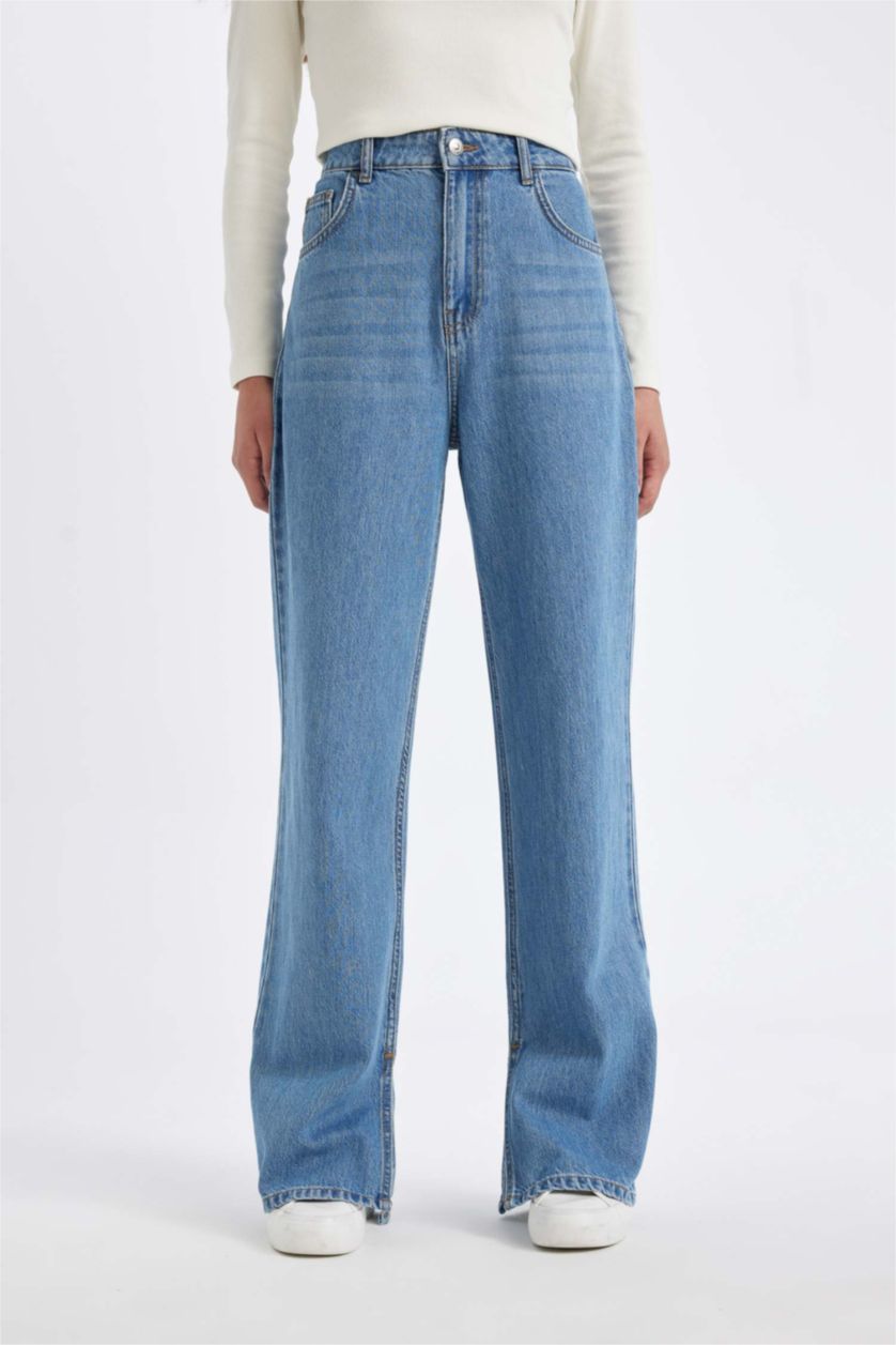 نساء أزرق بنطلون جينز وايد ليج برجل واسع وخصر عالي