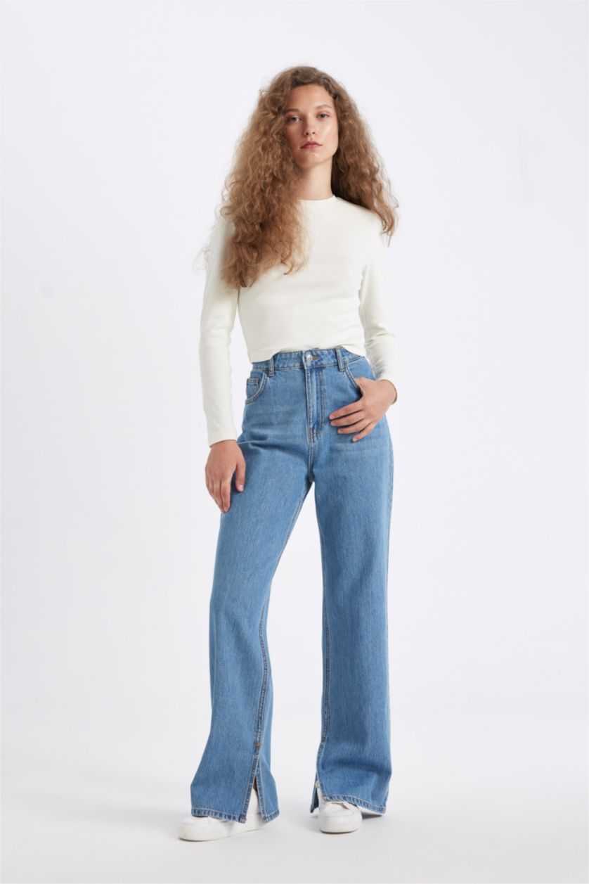 نساء أزرق بنطلون جينز وايد ليج برجل واسع وخصر عالي