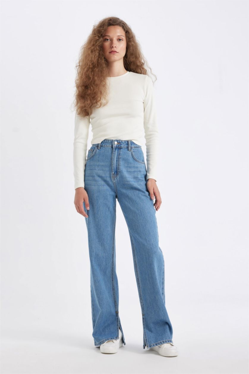 نساء أزرق بنطلون جينز وايد ليج برجل واسع وخصر عالي