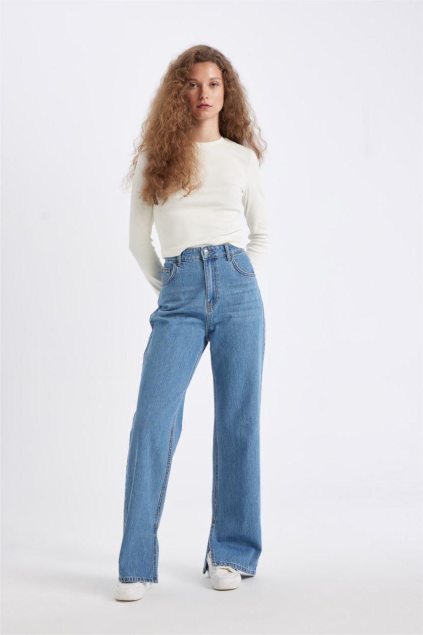 نساء أزرق بنطلون جينز وايد ليج برجل واسع وخصر عالي