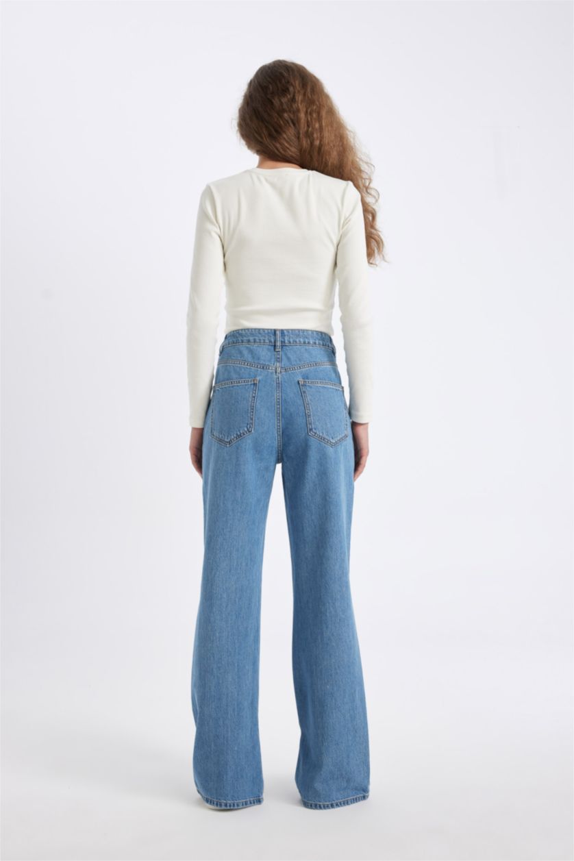 نساء أزرق بنطلون جينز وايد ليج برجل واسع وخصر عالي