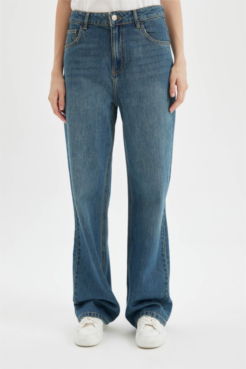 حريمي أزرق بنطلون جينز وايد ليج برجل واسع وخصر عالي