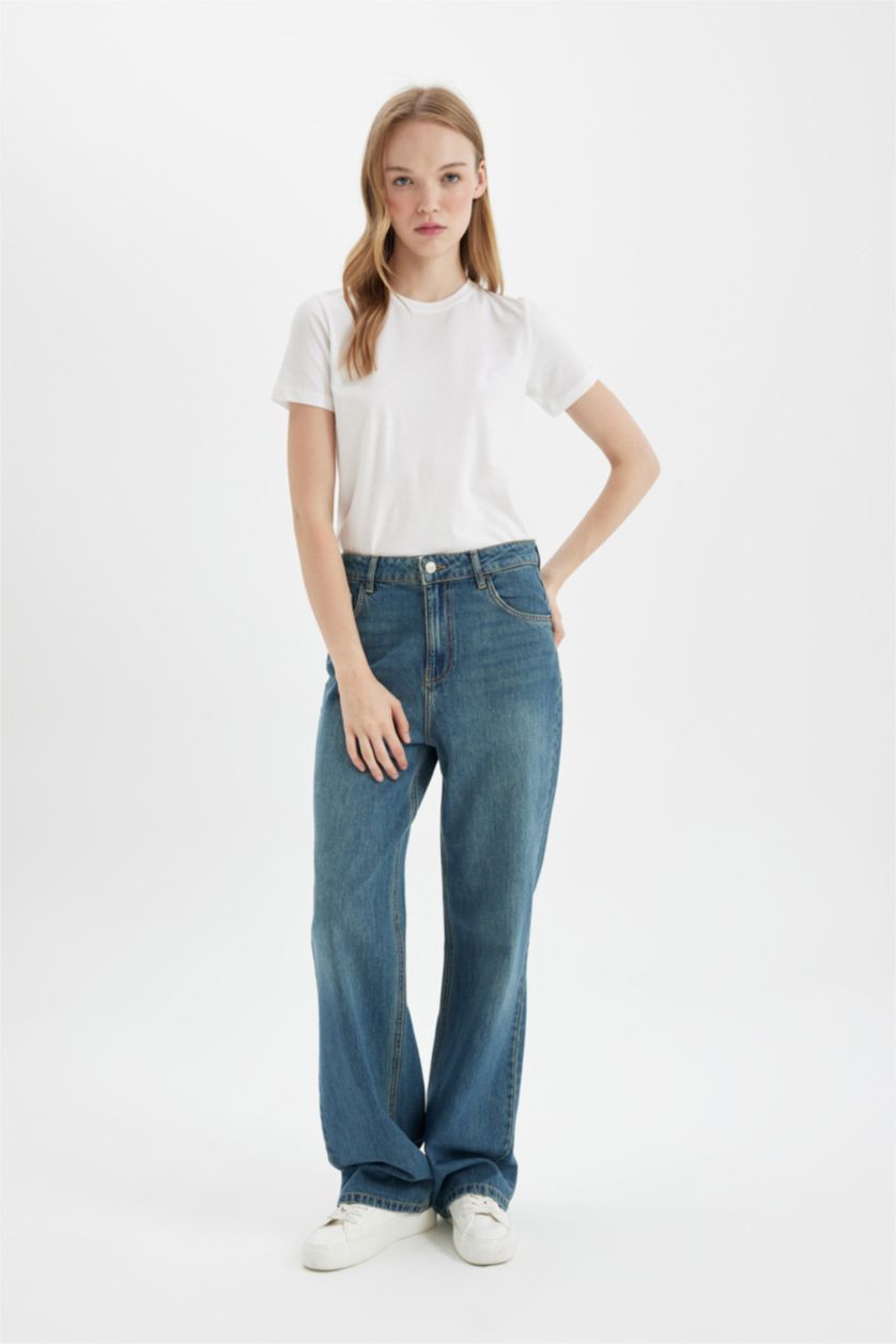 حريمي أزرق بنطلون جينز وايد ليج برجل واسع وخصر عالي