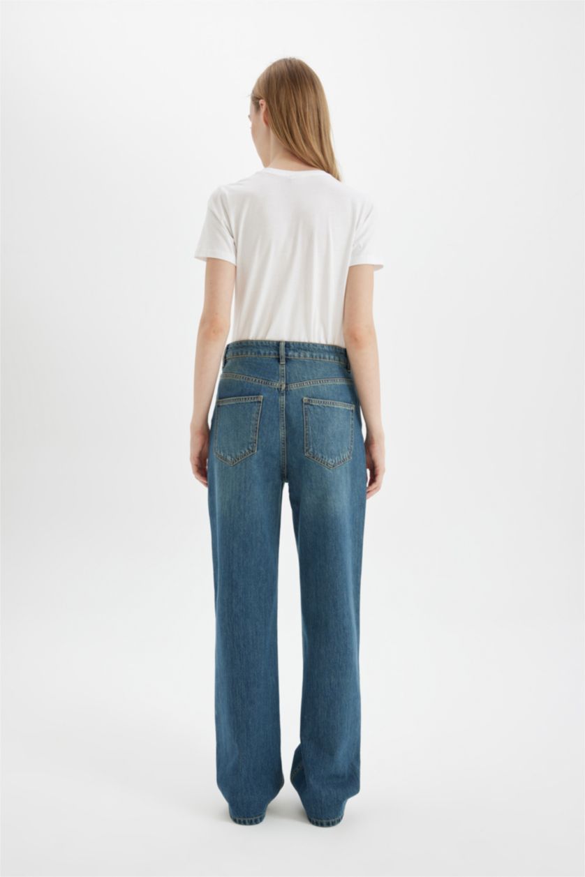 حريمي أزرق بنطلون جينز وايد ليج برجل واسع وخصر عالي