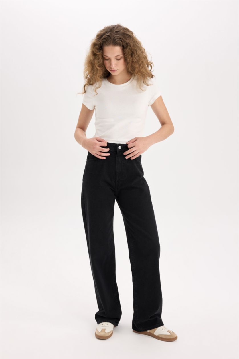 FEMME Noir Pantalon Jean long taille haute à jambes larges Style des années 90