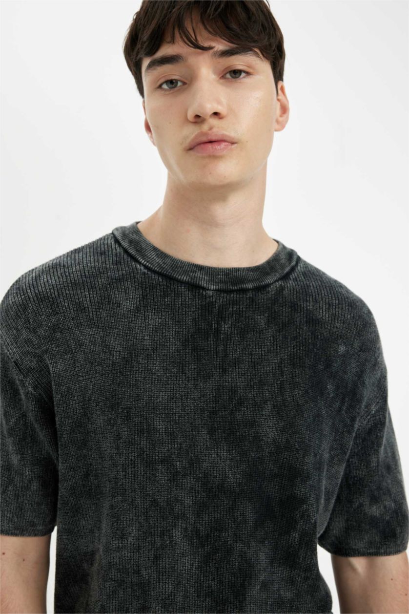 Erkek Antrasit Relax Fit Bisiklet Yaka Selanik Kumaş Kısa Kollu Tişört