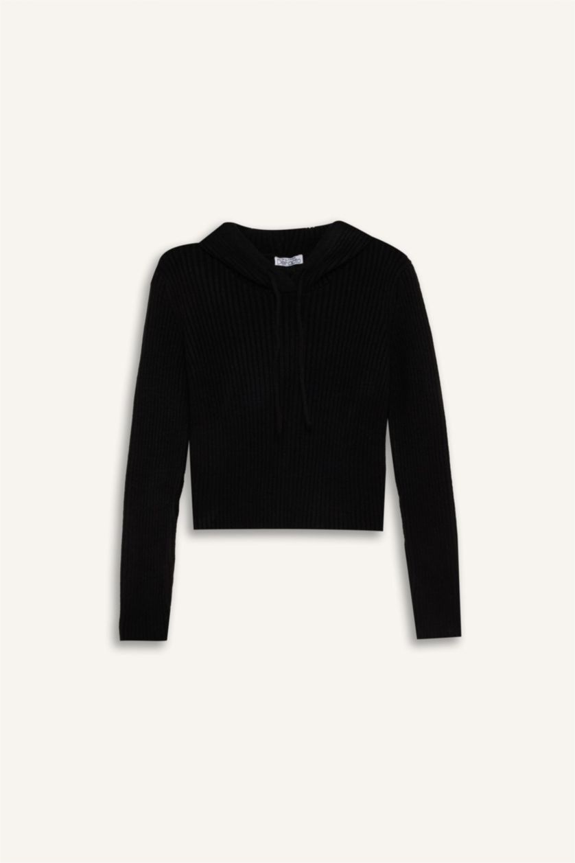 Kadın Siyah Regular Fıt Kapüşonlu Triko Kazak