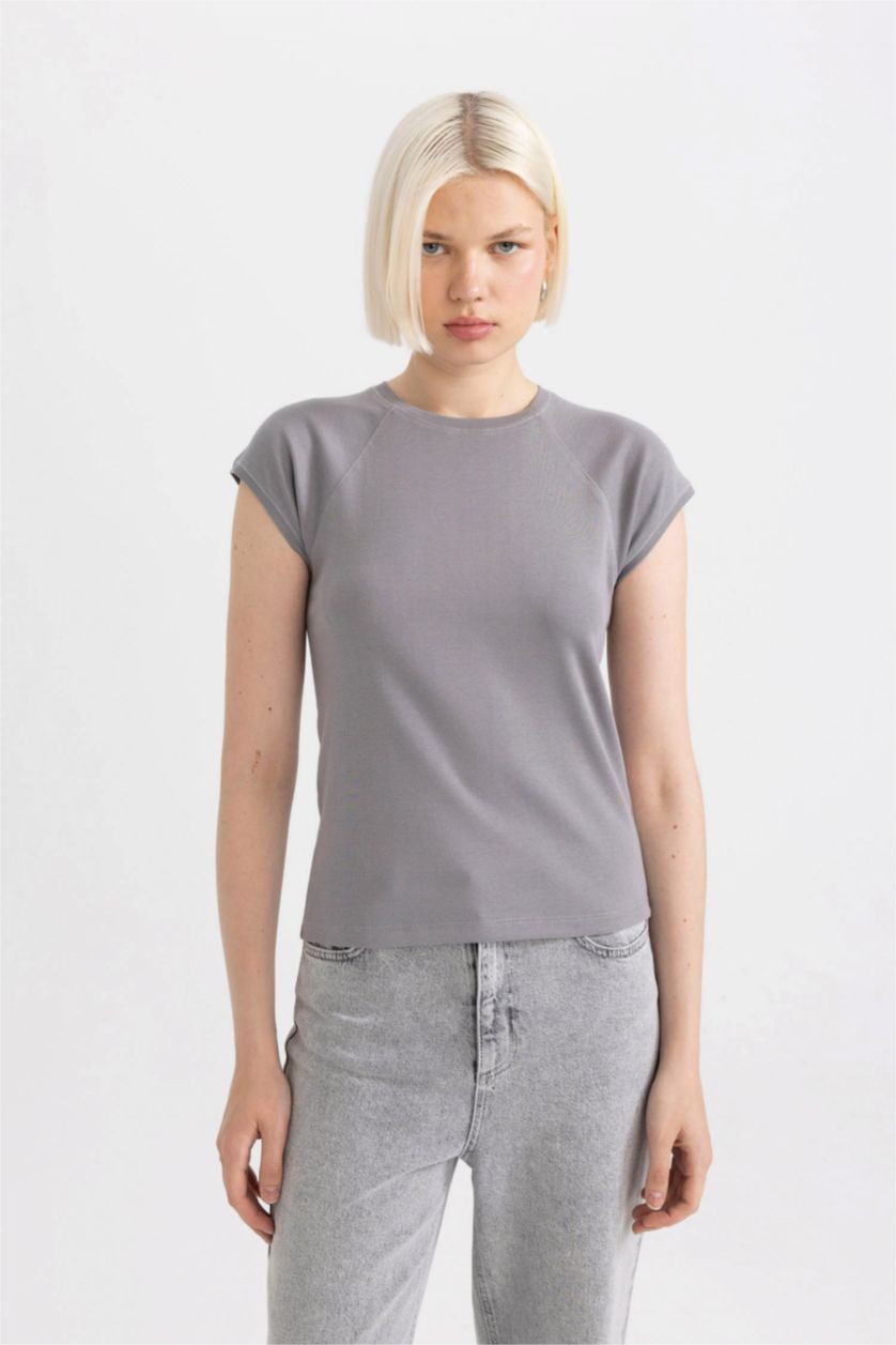 نساء رمادي تيشيرت نص كم سليم فيت برقبة مستديرة