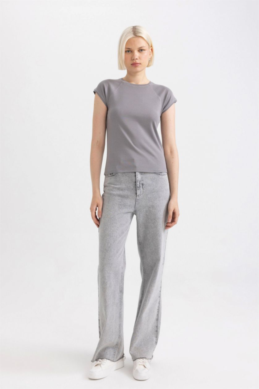 نساء رمادي تيشيرت نص كم سليم فيت برقبة مستديرة