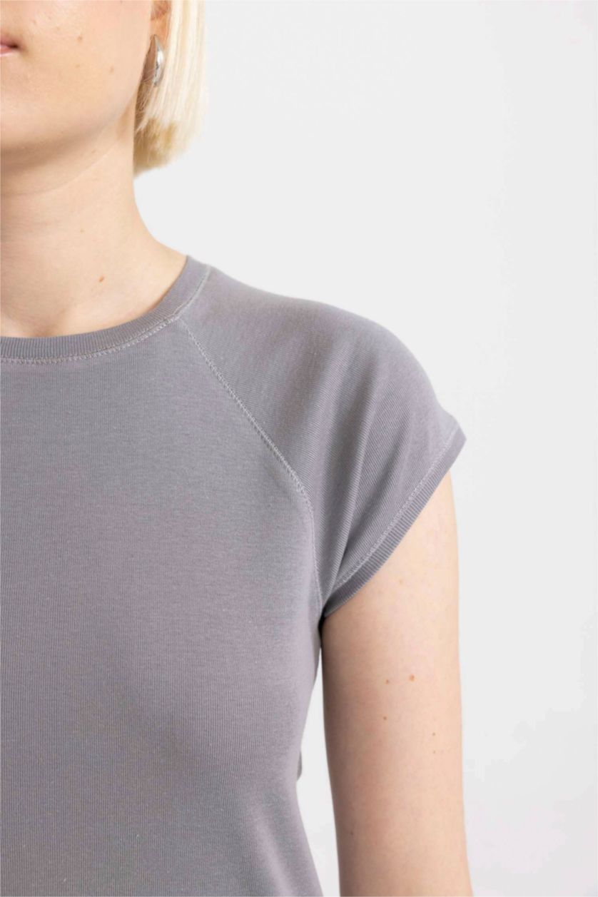 نساء رمادي تيشيرت نص كم سليم فيت برقبة مستديرة