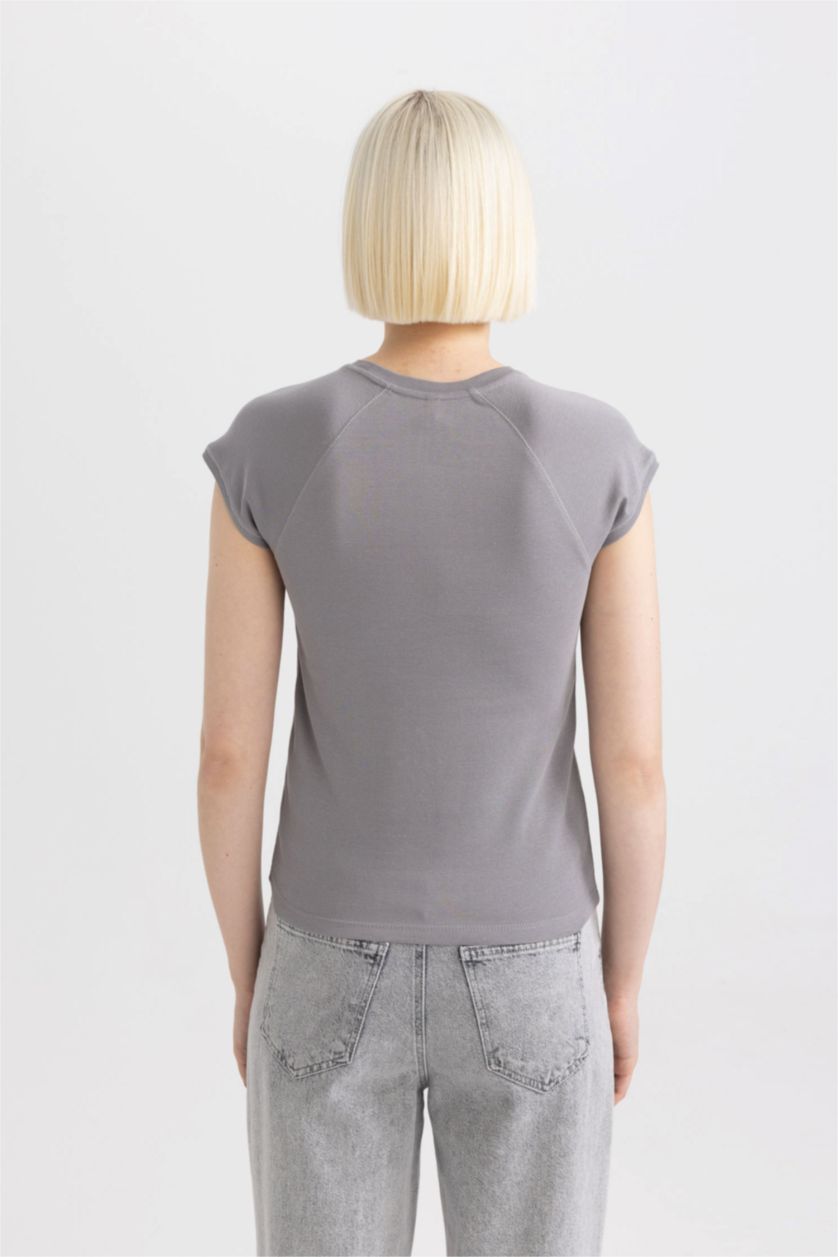 نساء رمادي تيشيرت نص كم سليم فيت برقبة مستديرة