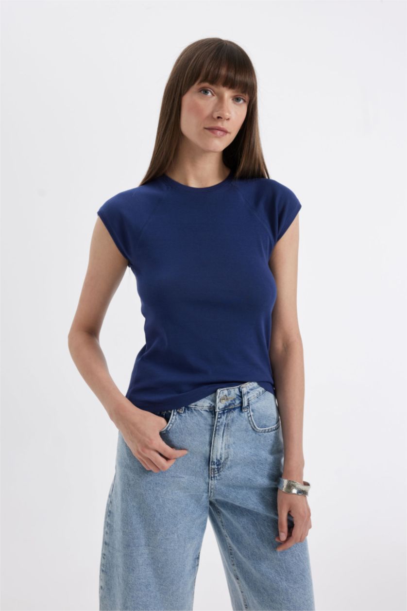 WOMAN NAVY Slim Fit Ribana Short Sleeve T-Shirt