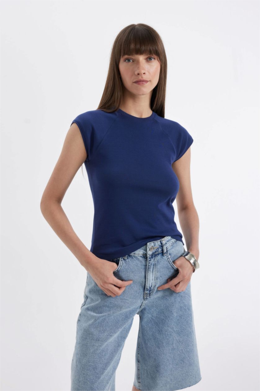 WOMAN NAVY Slim Fit Ribana Short Sleeve T-Shirt