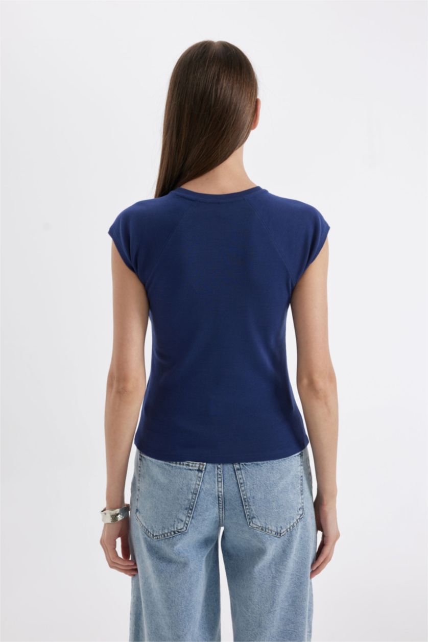 WOMAN NAVY Slim Fit Ribana Short Sleeve T-Shirt
