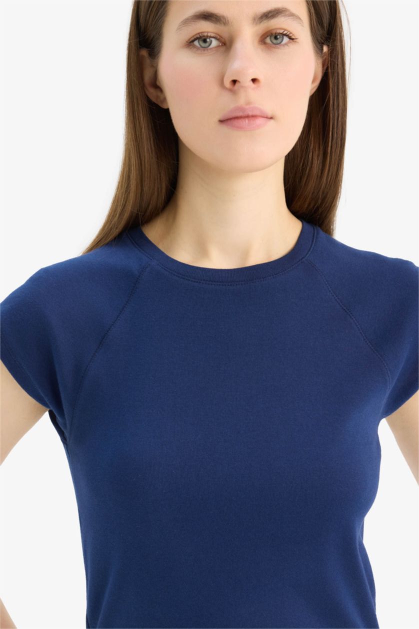 نساء كحلي تيشيرت نص كم مضلع سليم فيت