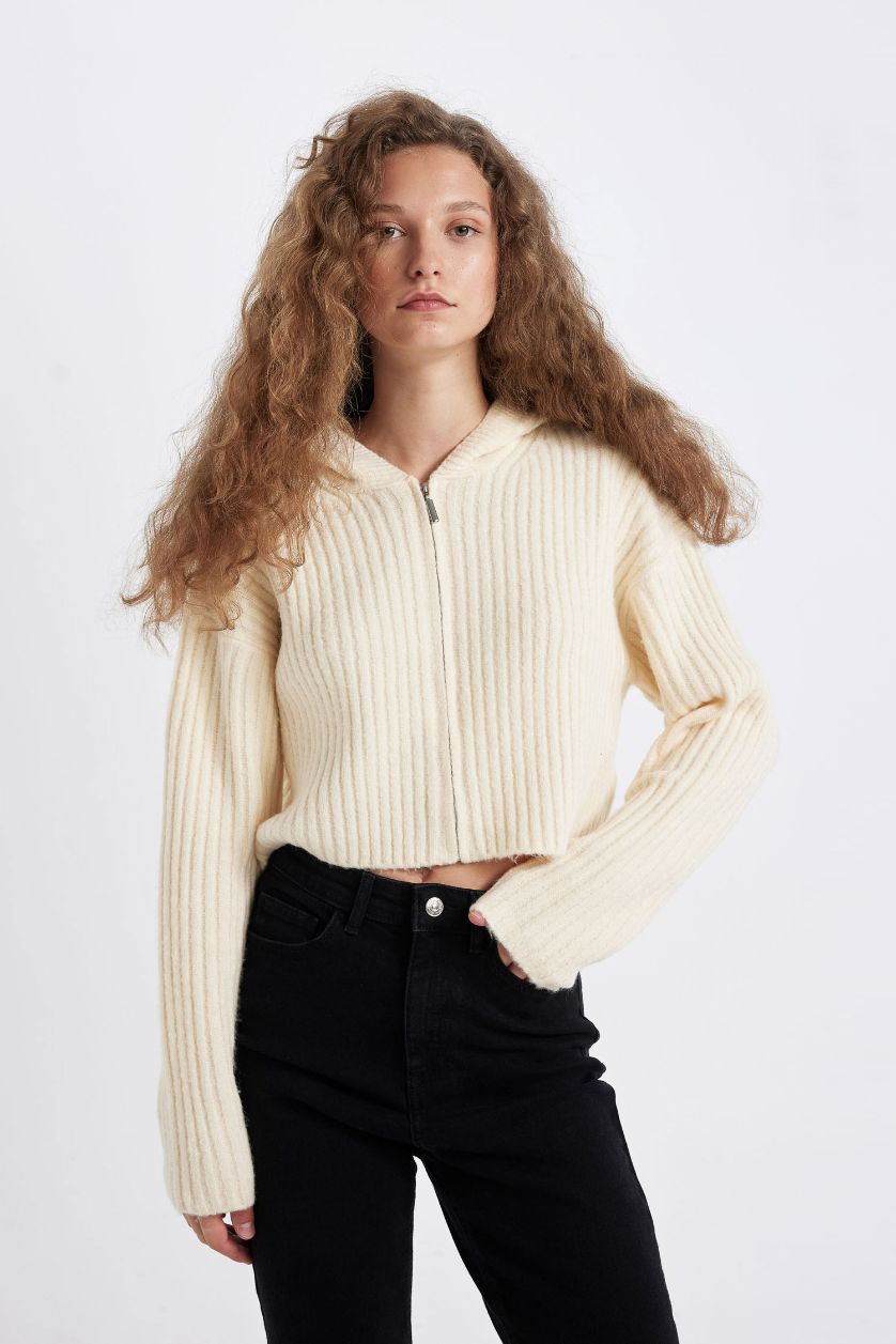 WOMAN Beige Regular Fit Hooded Knitwear Cardigan