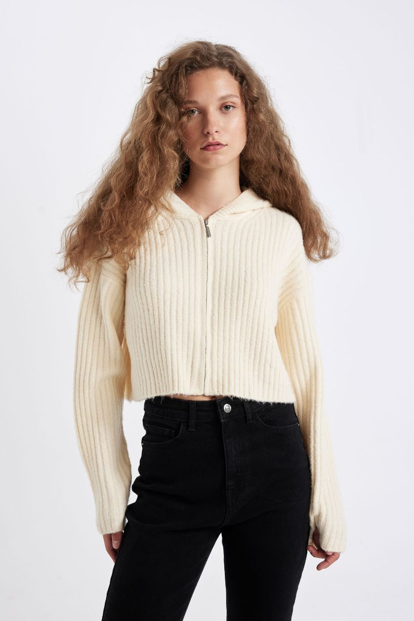 WOMAN Beige Regular Fit Hooded Knitwear Cardigan