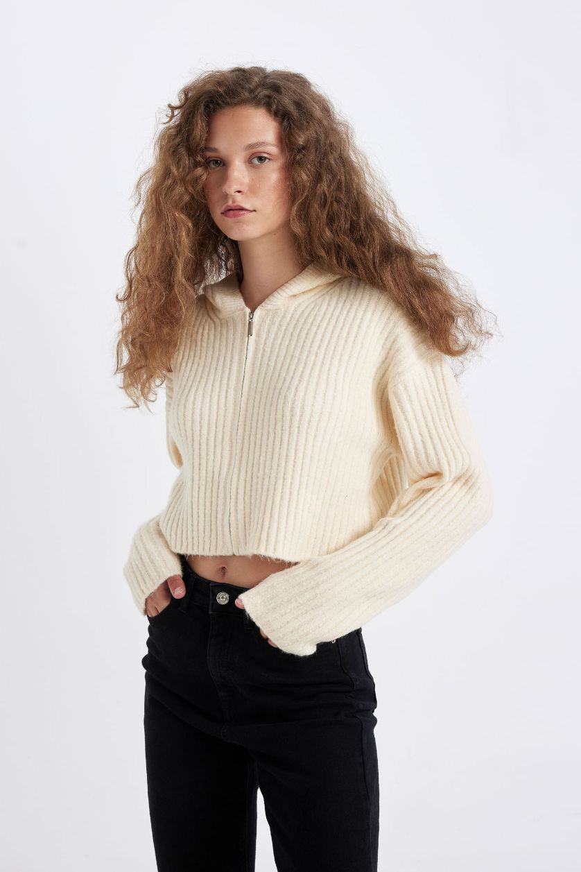 WOMAN Beige Regular Fit Hooded Knitwear Cardigan