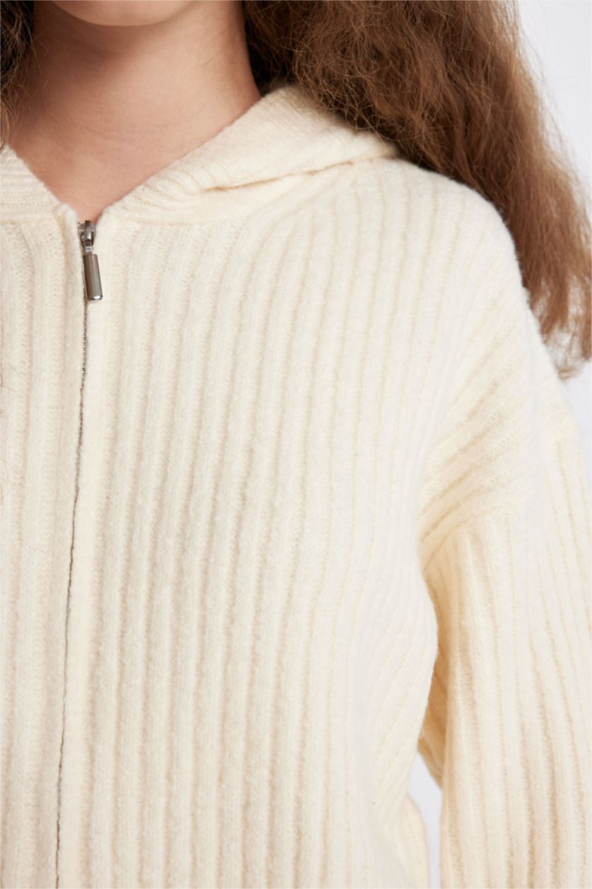 WOMAN Beige Regular Fit Hooded Knitwear Cardigan