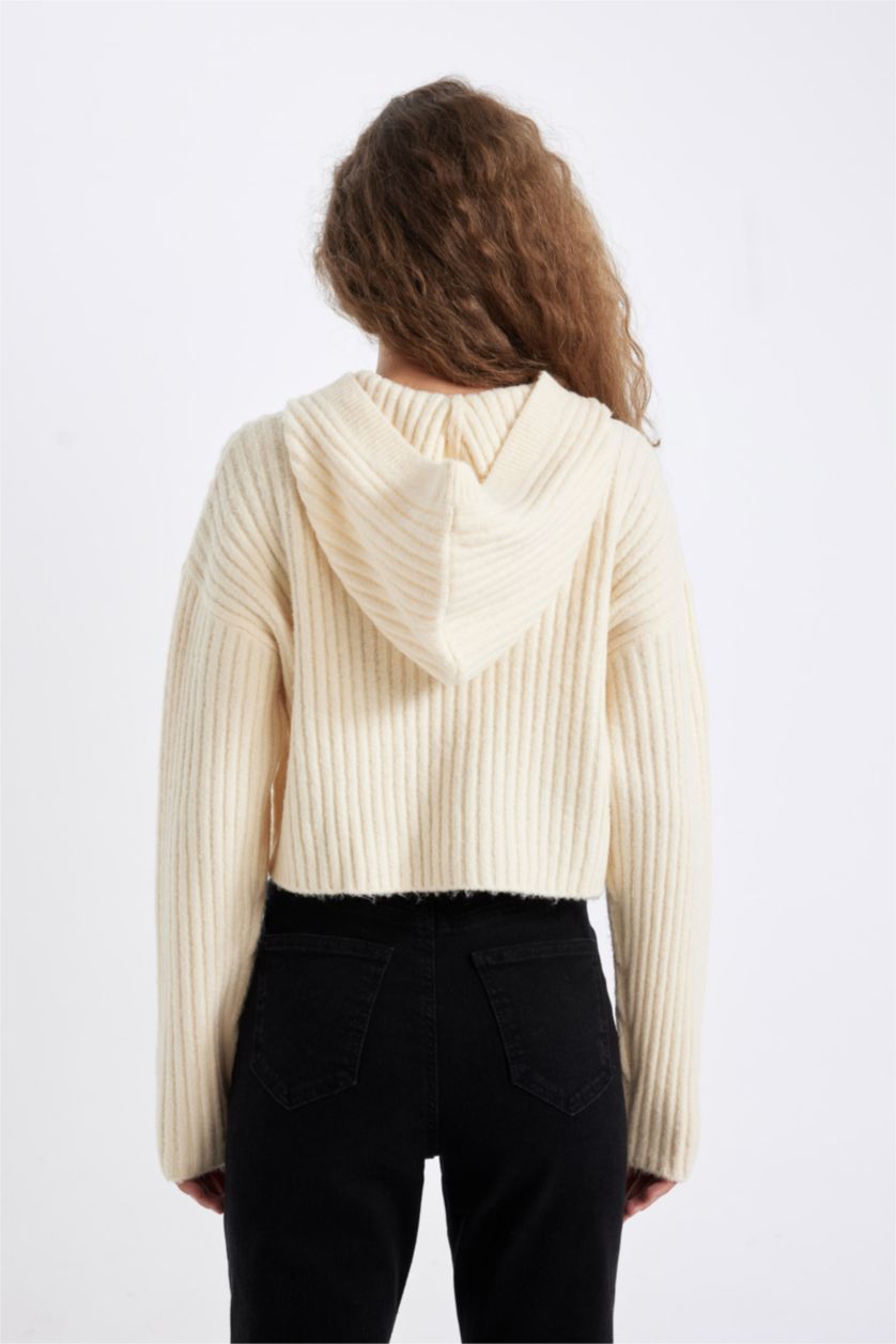 WOMAN Beige Regular Fit Hooded Knitwear Cardigan