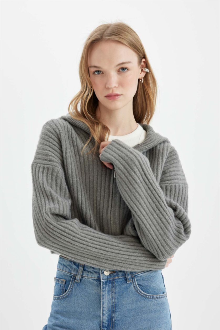 Woman Grey Melange Regular Fit Hooded Knitwear Cardigan