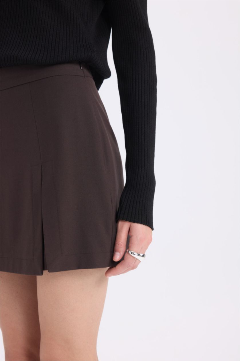 Kadın Kahve Yüksek Bel Pileli Casual Klasik Şort Etek 