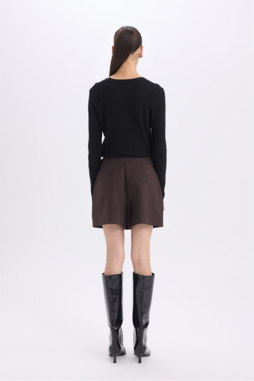 Kadın Kahve Yüksek Bel Pileli Casual Klasik Şort Etek 