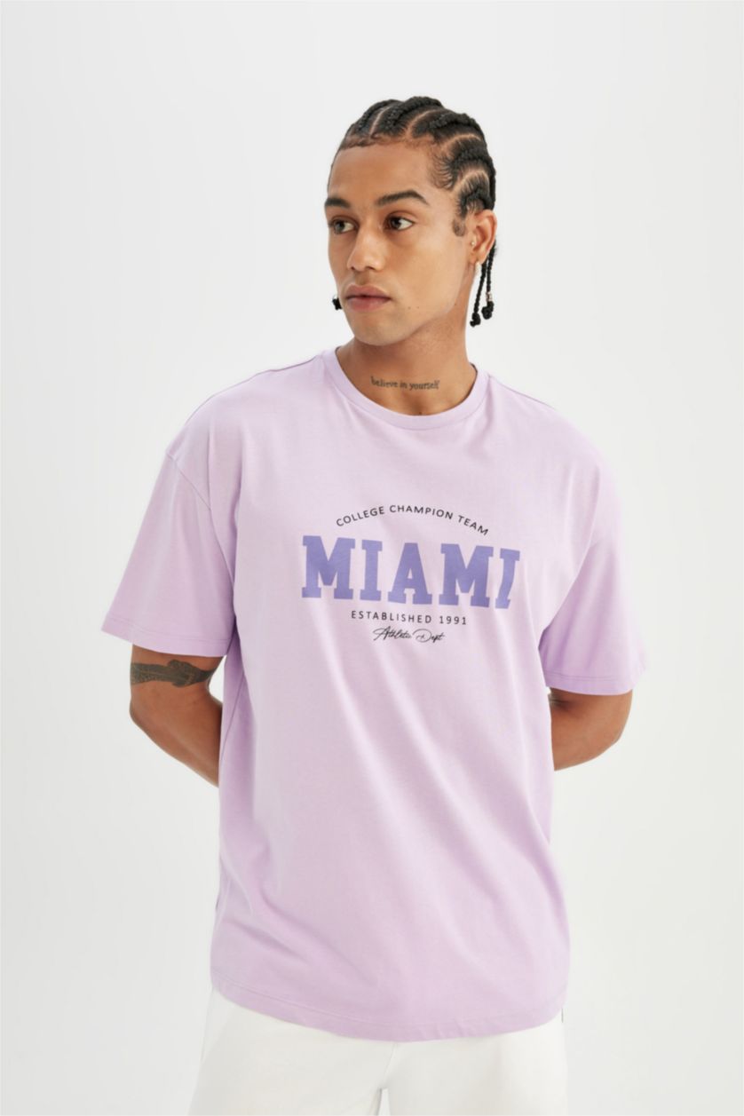 Woman Lilac DeFactoFit Oversize Fit Crew Neck Slogan Printed Sports T-Shirt