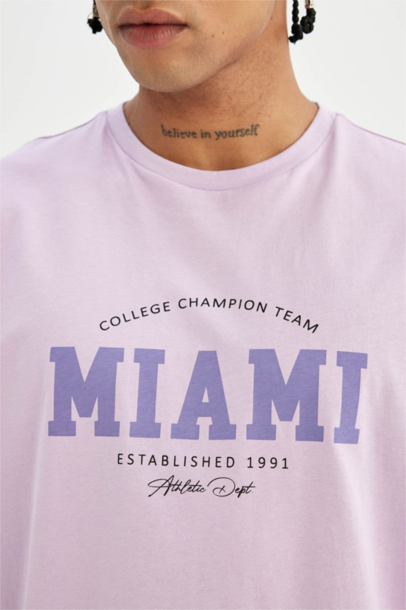Woman Lilac DeFactoFit Oversize Fit Crew Neck Slogan Printed Sports T-Shirt