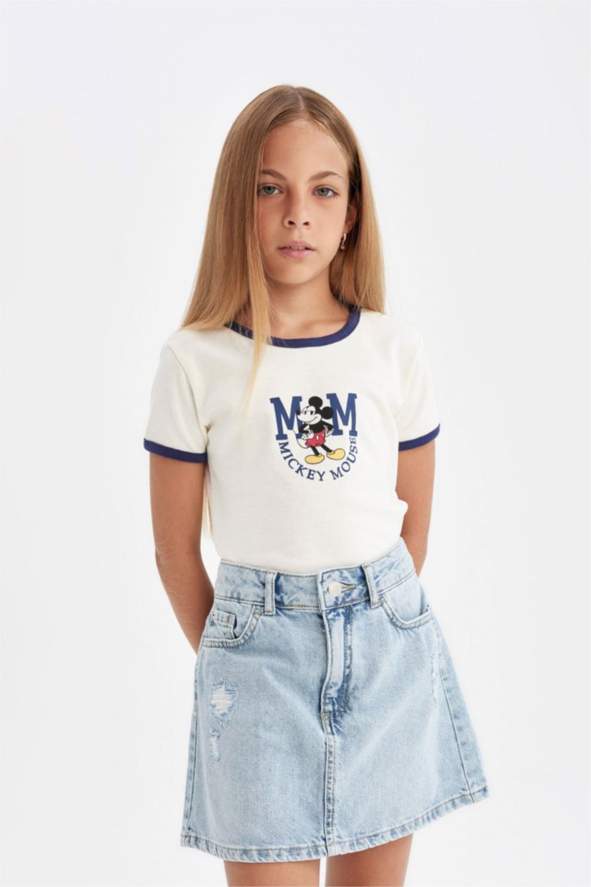 بناتي بيج فاتح تيشيرت بناتي نص كم مضلع برقبة مستديرة من ديزني ميكي وميني