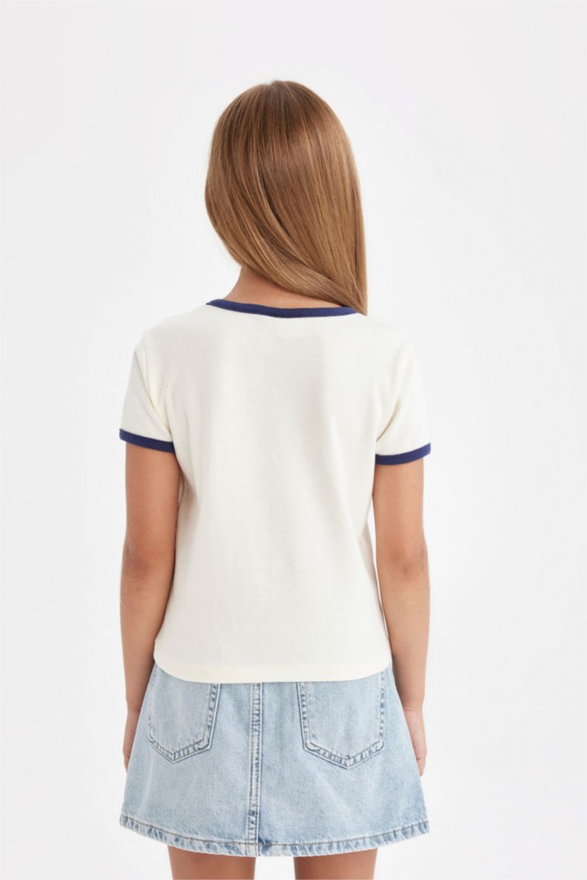 بناتي بيج فاتح تيشيرت بناتي نص كم مضلع برقبة مستديرة من ديزني ميكي وميني