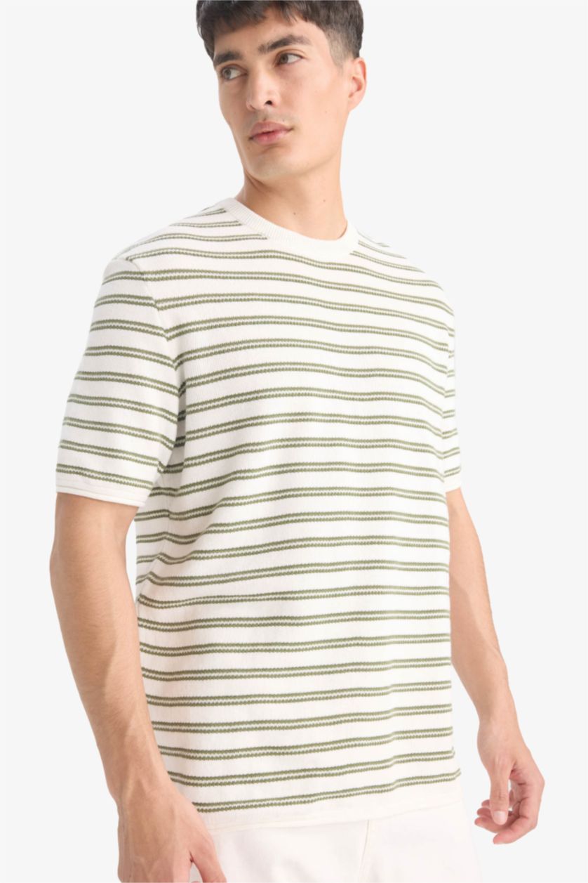 MAN Light Khaki Relax Fit Crew Neck Striped Cotton T-Shirt