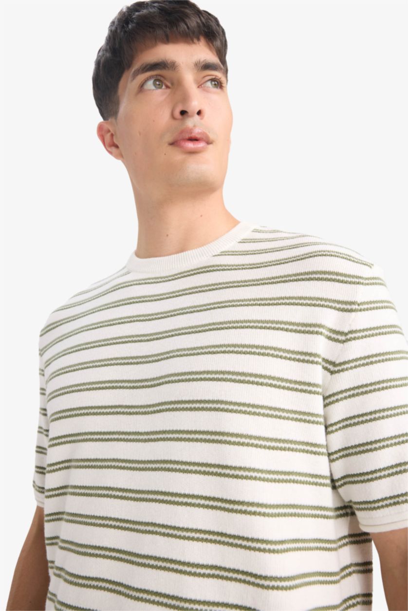 MAN Light Khaki Relax Fit Crew Neck Striped Cotton T-Shirt