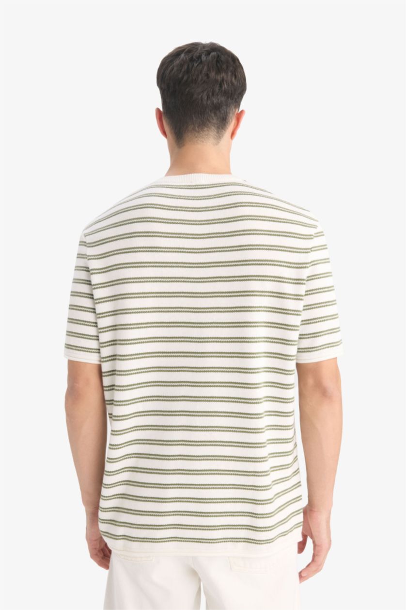 MAN Light Khaki Relax Fit Crew Neck Striped Cotton T-Shirt