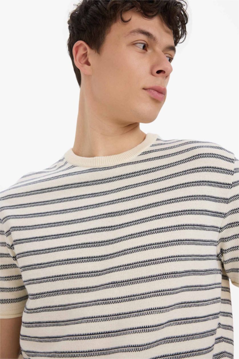 رجال كحلي تيشيرت نص كم تريكو مخطط قصة مريحة
