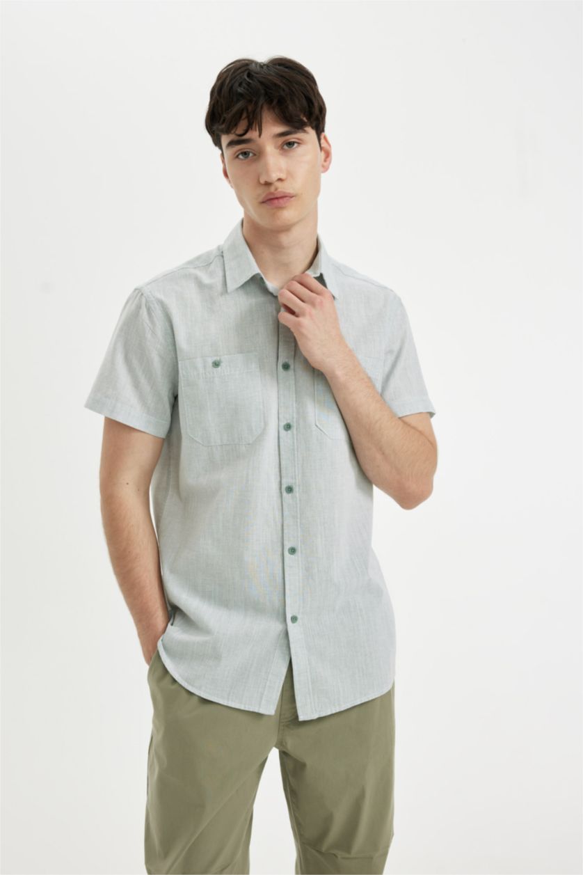 Erkek Yeşil Slim Fit Dar Kesim Yazlık Çizgili Pamuklu Kısa Kollu Gömlek