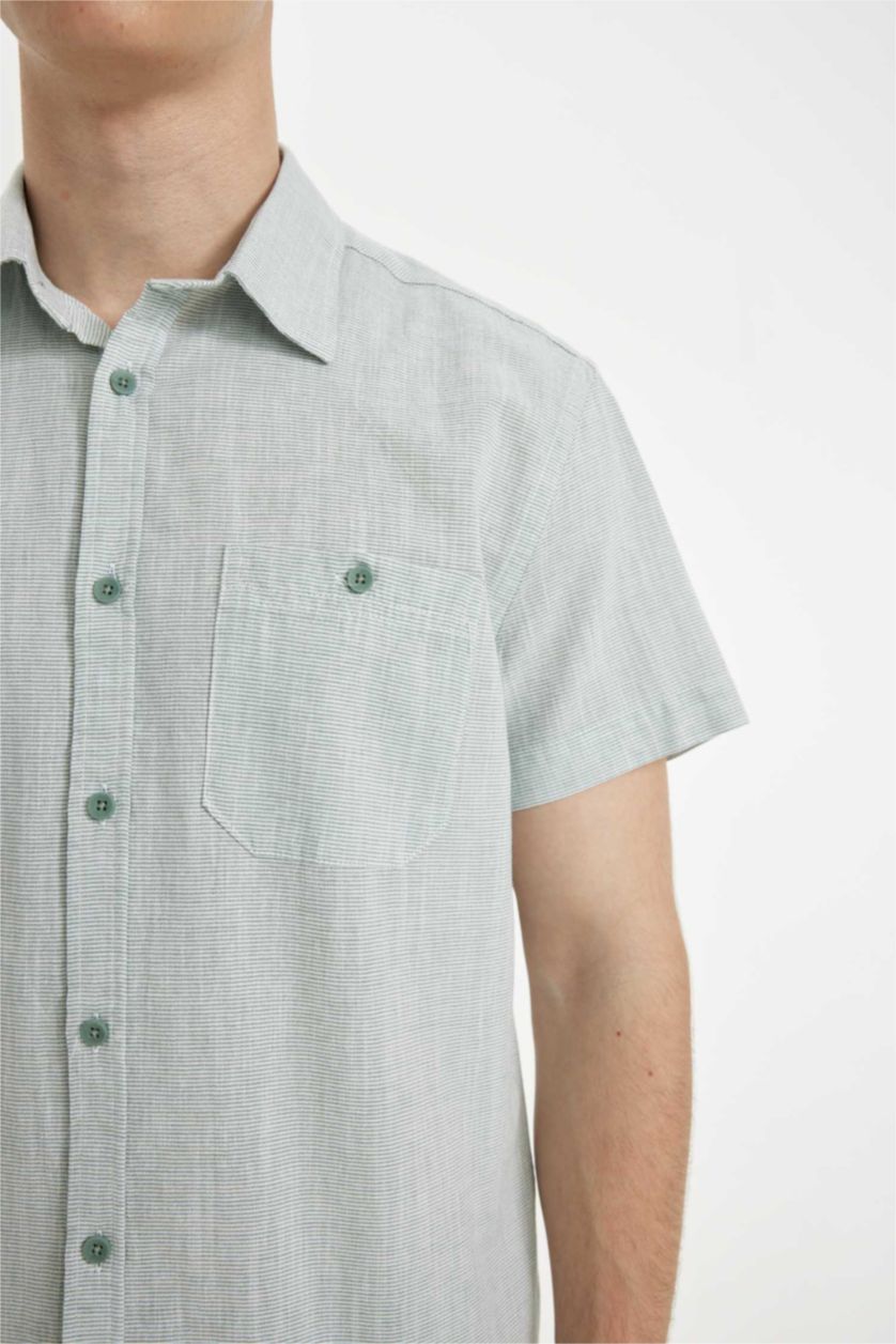 Erkek Yeşil Slim Fit Dar Kesim Yazlık Çizgili Pamuklu Kısa Kollu Gömlek