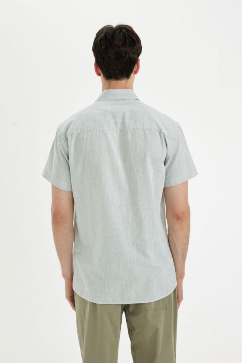 Erkek Yeşil Slim Fit Dar Kesim Yazlık Çizgili Pamuklu Kısa Kollu Gömlek