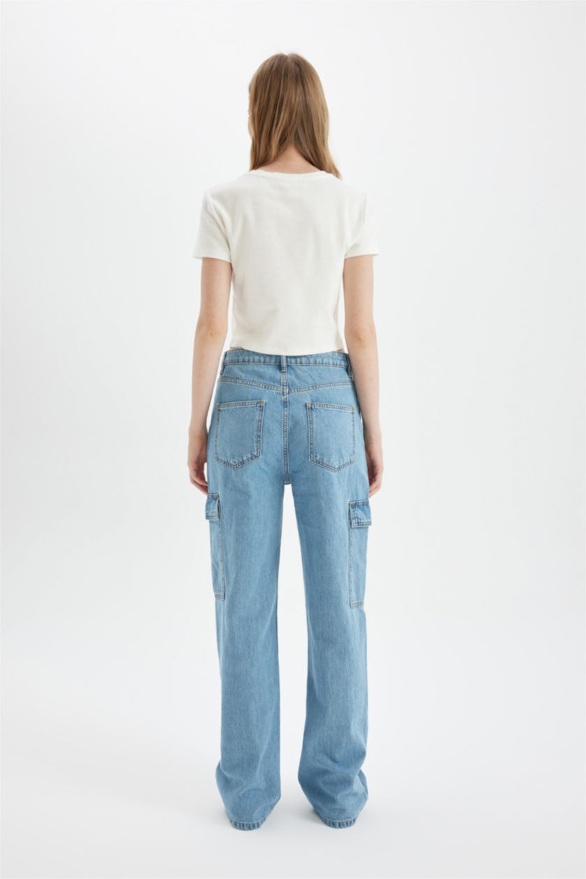 Kadın Mavi 90's Wide Leg Yüksek Bel Uzun Jean Yıkamalı Pantolon