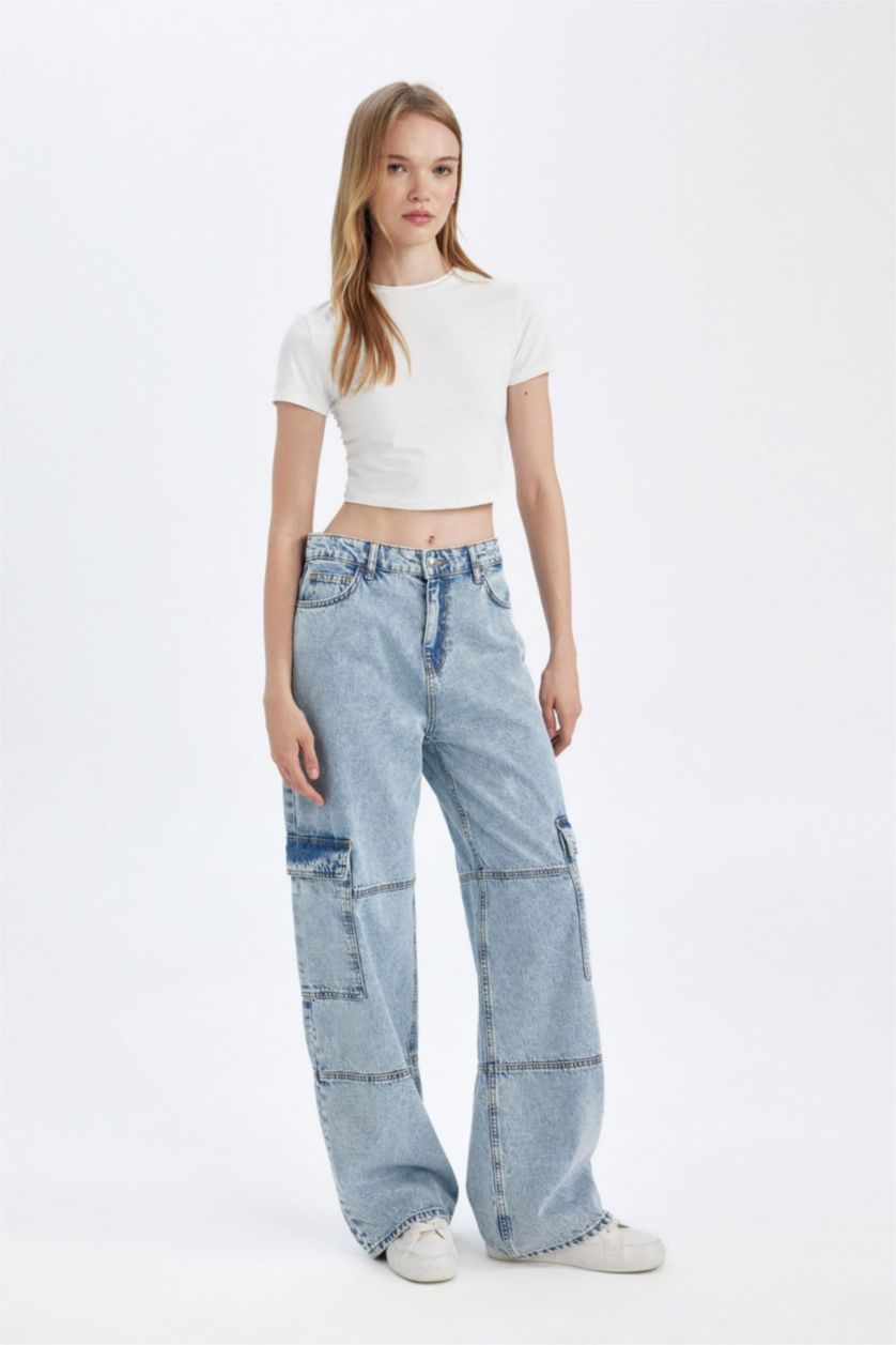 Kadın Açık Mavi Straight Fit Kargo Yüksek Bel Uzun Jean Yıkamalı Pantolon