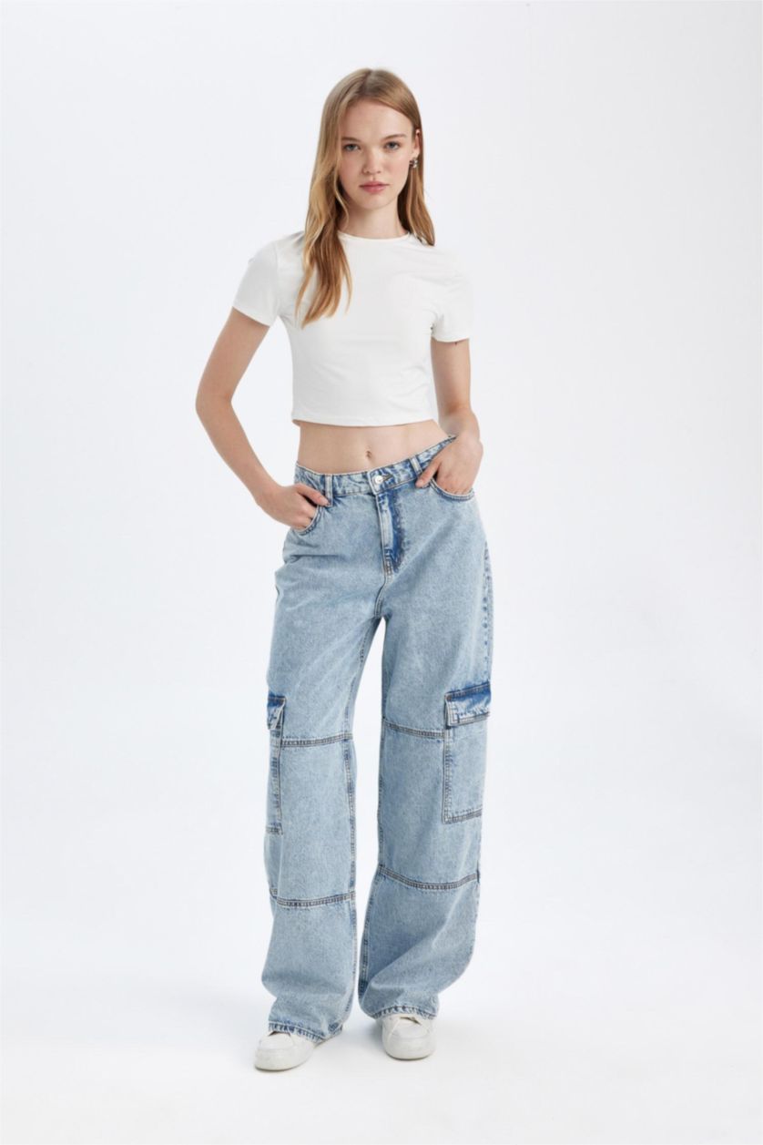 Kadın Açık Mavi Straight Fit Kargo Yüksek Bel Uzun Jean Yıkamalı Pantolon