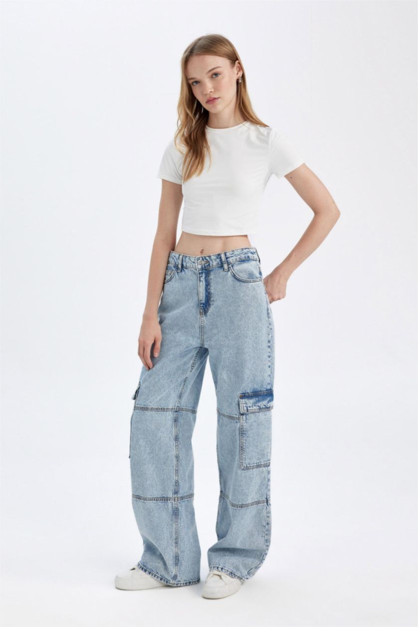 Kadın Açık Mavi Straight Fit Kargo Yüksek Bel Uzun Jean Yıkamalı Pantolon