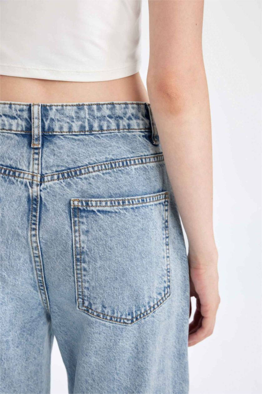 Kadın Açık Mavi Straight Fit Kargo Yüksek Bel Uzun Jean Yıkamalı Pantolon