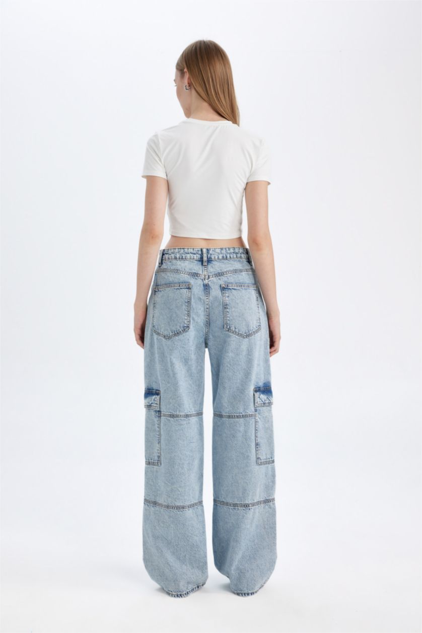 Kadın Açık Mavi Straight Fit Kargo Yüksek Bel Uzun Jean Yıkamalı Pantolon