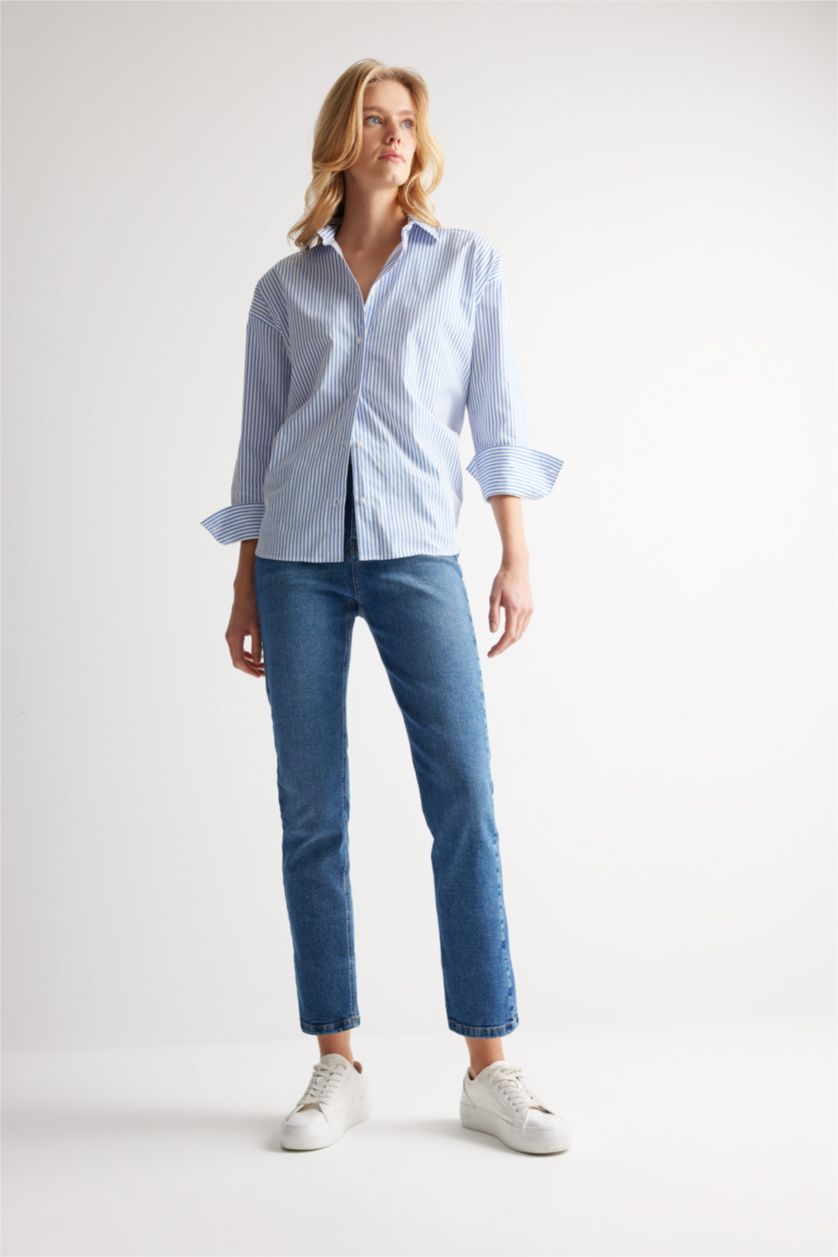 Kadın Mavi Mary Vintage Straight Fit Yüksek Bel Paça Ucu Kesik Bilek Boy Jean Yıkamalı Pantolon