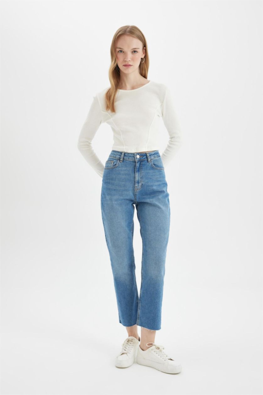 Kadın Mavi Mary Vintage Straight Fit Yüksek Bel Paça Ucu Kesik Bilek Boy Jean Yıkamalı Pantolon